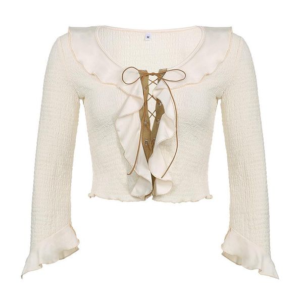 

women's t-shirt women drawstring shirt, long ruffle sleeve casual party street short cropped , white