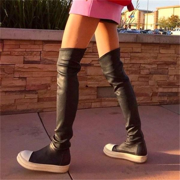 

punk goth oxfords thigh high boots women's over the knee booties pull on round toe flats tall long 34 35 36 37 38 39 40 41, Black