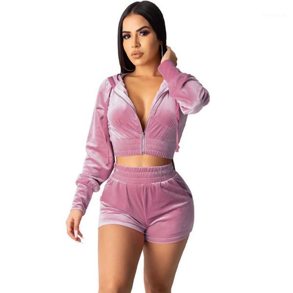 

casual velvet tracksuit women sets sportswear hooded two piece set sweat suits female cropped zip bomber jacket and shorts women's, Gray