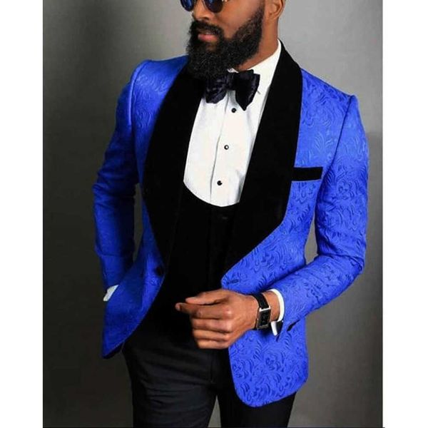 Jackquard motivo floreale Royal Blue Black Men Suit Custom Made Groom Tuxedo 3 pezzi (giacca + gilet + pantaloni) Abiti da ballo X0909