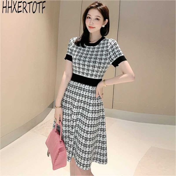 

summer casual women's black/pink knit dress elegant o-neck short sleeve plaid knit 210531, Black;gray