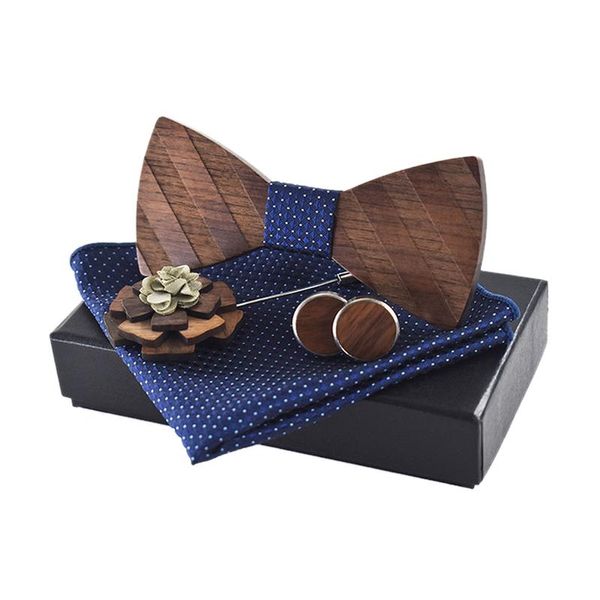 

bow ties 1 set men wooden brooch kerchief wedding stripe wood tie cuff-link kit, Black;gray