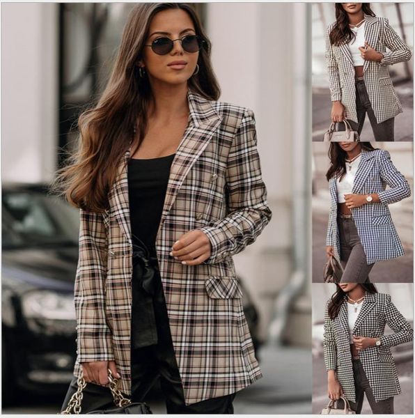 

women's suits & blazers 2021 europe and america fashion temperament autumn winter double-breasted plaid blazer, White;black