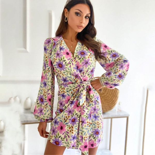 

casual dresses autumn elegant floral print mini women 2021 deep v-neck long sleeve lace-up short dress woman fashion party, Black;gray