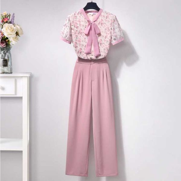 

women pant suits summer sweet pink flowers print chiffon bow tie shirt + high waist long trousers female 2 piece set 210526, White