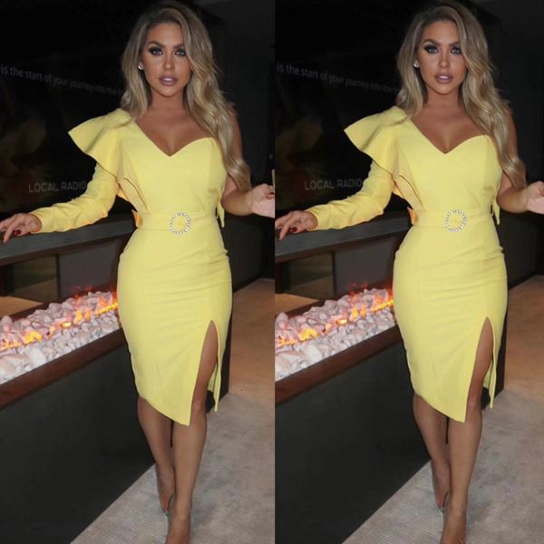 

dress female wear yellow from a shoulder with no taps, long, sexy, celebrity--, Black;gray