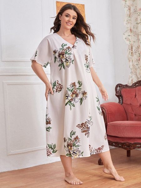 

plus v-neck floral sleepdress j02s#, Black;white