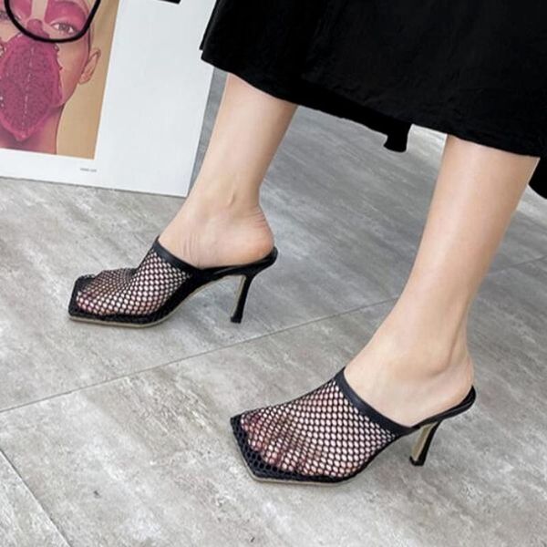 

slippers breathable hollow woman thin high heels summer vintage square toe mules femme shoes pumps sandals, Black
