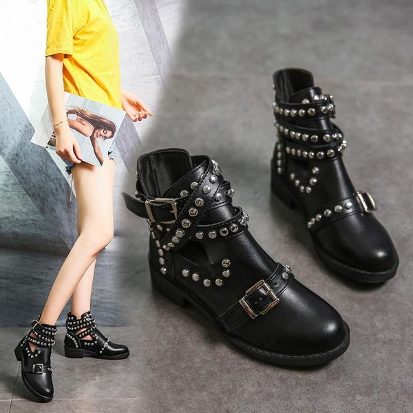 

boots punk metal rivets riding women narrow band buckle ankle motorcycle booties plus size 43 hollow out thick heel knight botas, Black
