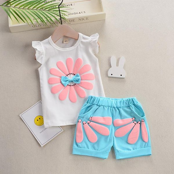 

clothing sets girls set summer fashion cotton floral suits kids sleeveless t-shirt+shorts 2pcs for children casual sports clothes, White