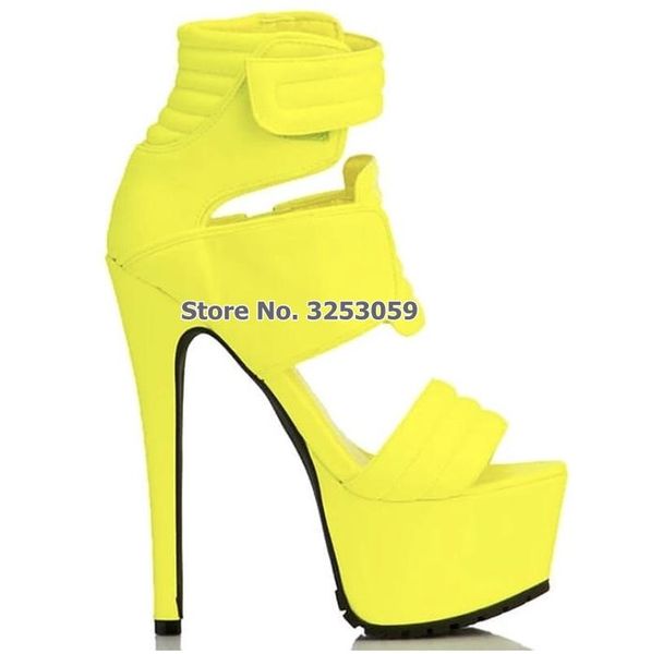 

16cm sky high heels platform sandals neon yellow pink patchwork hook loop strap shoes nightclub celebrity pumps, Black