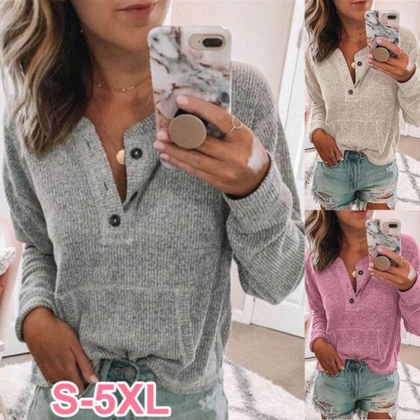 

women's t-shirt fashion round neck long sleeve loose button op a3l, White