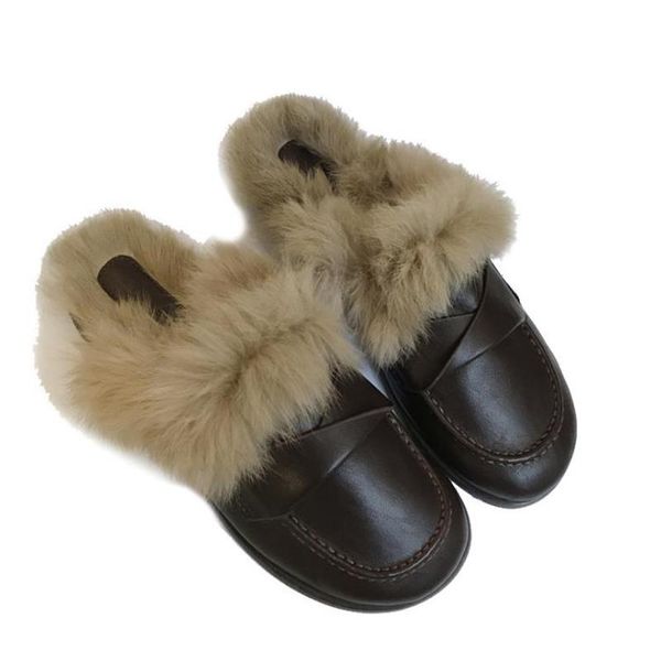 

slippers external wear fur slides muller shoes women's fluffy outerwear toe cap half lazy flats furry, Black