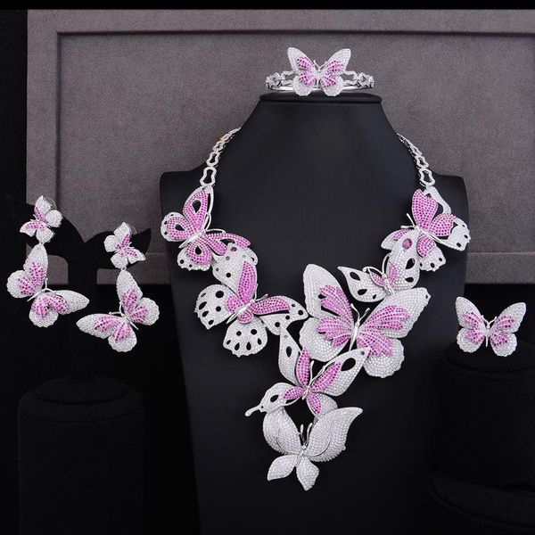 

earrings & necklace blachette full butterfly 4pcs for women wedding cubic zircon dubai bridal necklack bangle ring jewelry set, Silver