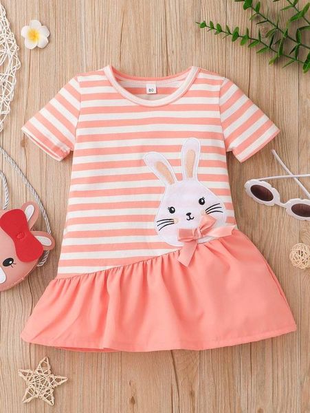 

baby striped & cartoon print bow front ruffle hem dress she, Red;yellow