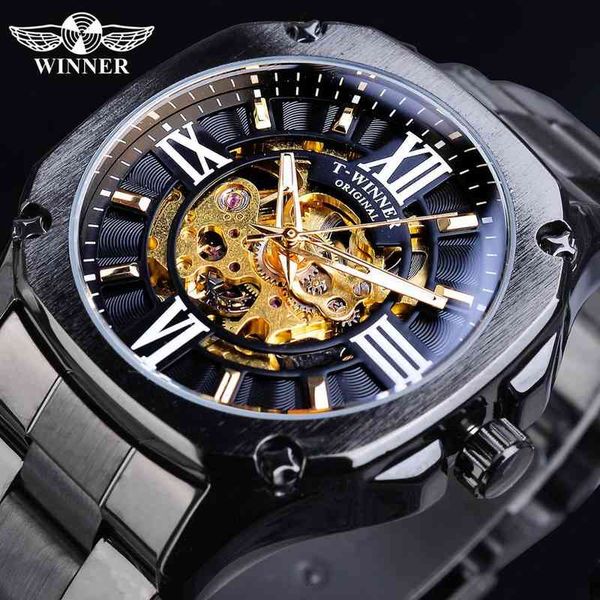 

retro winner men mechanical watches golden skeleton square automatic rvs belt gentleman clock, Slivery;brown