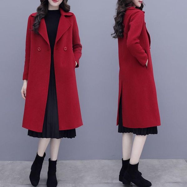 

women's wool & blends 2021 autumn and winter large wear medium long cashmere coat fat mm woolen 200kg generation, Black