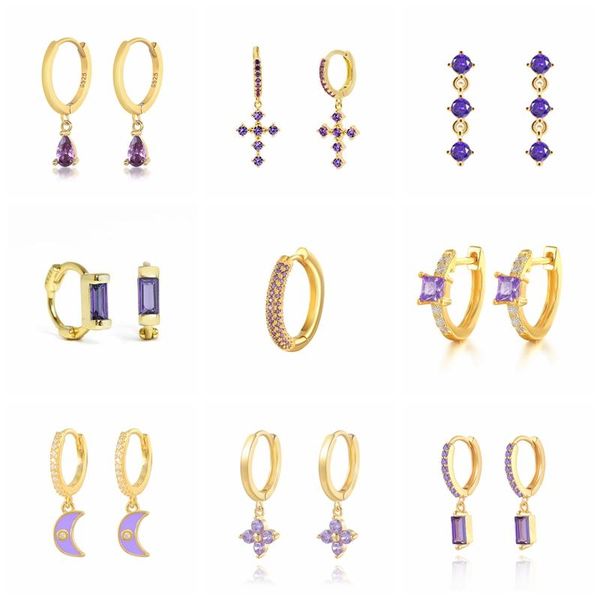 

hoop & huggie mc purple enamel earring for women 100% real 925 sterling silver ear with zircon trend diy jewelry pendientes, Golden;silver