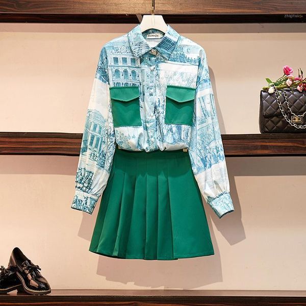 

two piece dress jsxdhk women shirt set 2021 spring chiffon printed loose blouse + plus size green pleated mini suits, White