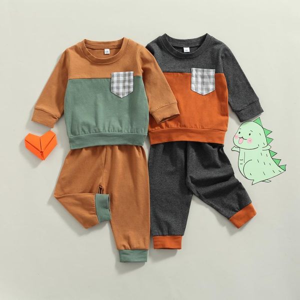 

clothing sets spring autumnkids baby boy casual clothes set plaid pocket patchwork long sleeve sweatshirt pants boys outfits 2pcs, White