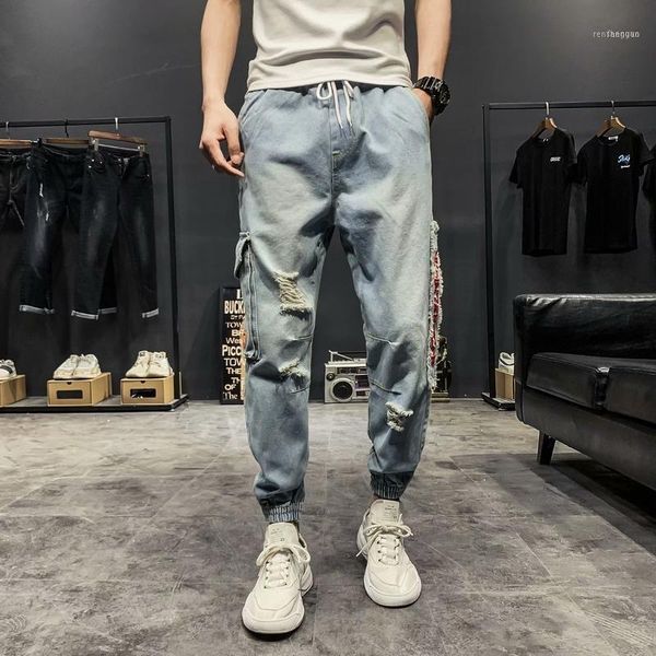 

men's jeans cotton men pants lace up denim trousers black skinny slim hip hop sportswear elastic waist male trousers1, Blue