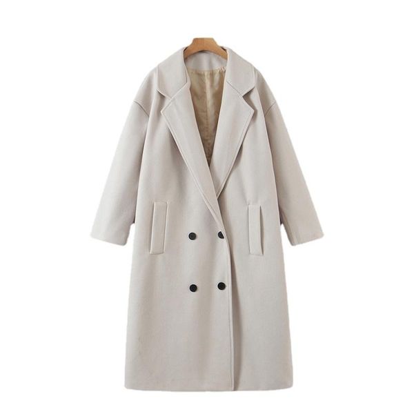 

women's wool & blends mid-length coats 2021 women thick solid long jacket loose sleeves pocket ladies elegant autumn winter coat, Black