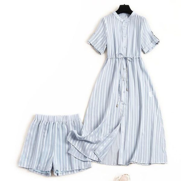 

women's tracksuits quality 2021 summer 2 piece set women striped chiffon suit lace-up waist shirt skirt straight pants two, Gray