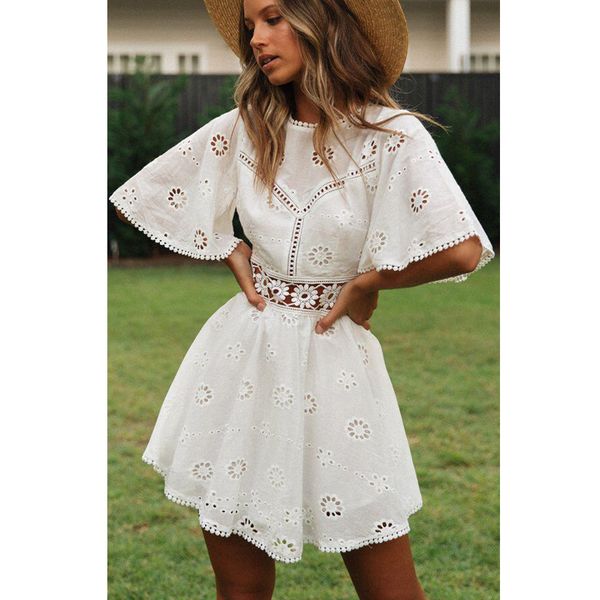 Teelynn vestido de laço branco boho algodão floral bordado vestidos de verão para mulheres vestidos manga curta mini vestido praia boêmio 210319