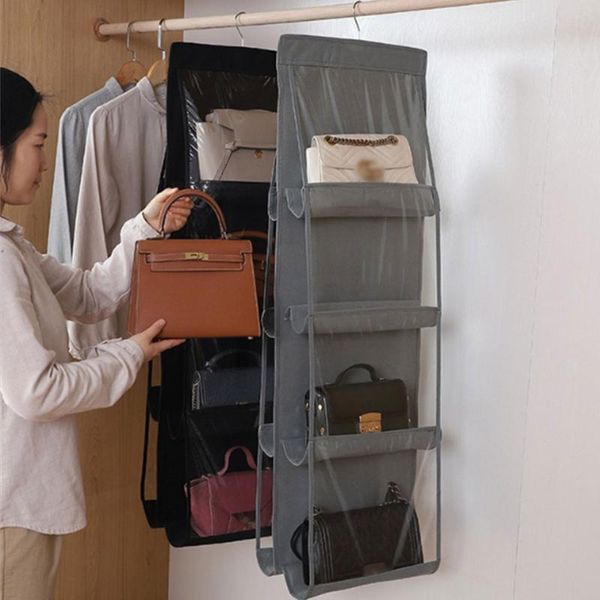

6/8pocket hanging handbag organizer for wardrobe closet transparent storage bag non-woven holder pvc with hanger boxes & bins