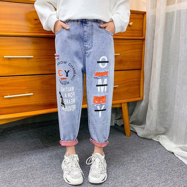 

jeans spring autumn teens girls letter print ripped hole patch denim pants for kids children clothes 10 12 14 years, Blue