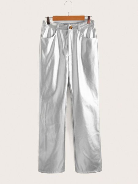 

slant pocket pu leather pants e8vz#, Black;white