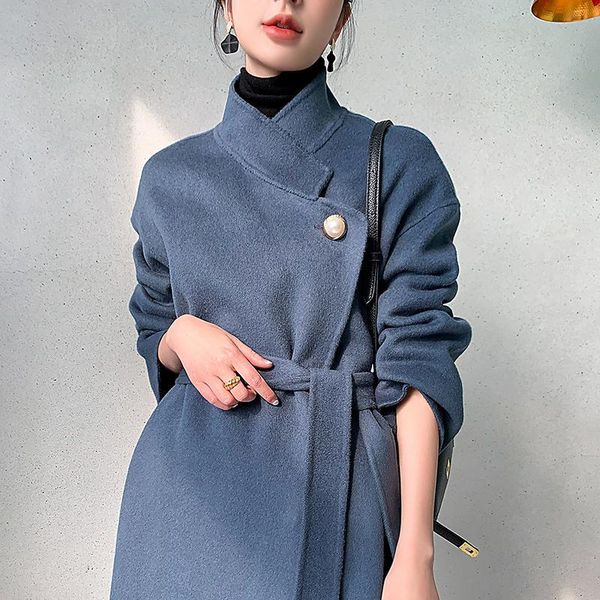 

women's wool & blends high-end cashmere coat mid-length loose retro stand-up collar double-sided woolen cloth for autumn and winter, Black