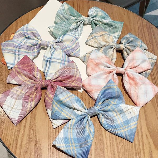 

trendy high school teen girls uniform yarn dyed plaid fabric hairgrips big bow lovely ladies hair clip bows accessories, Slivery;white