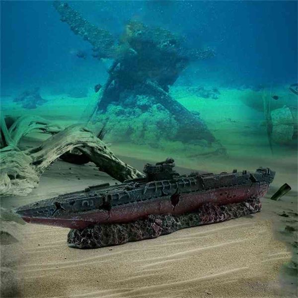 Aquarium Aquarium Landschaftsbau Simulation Harz Schiffswrack Kriegsschiff U-Boot Modell Dilapidated Sea War Wrack Versteckhaus Y200922