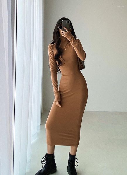 

spring and autumn street casual solid color high-neck pullover dress women, thin tight-fitting long warm bottoming dresses, Black;gray