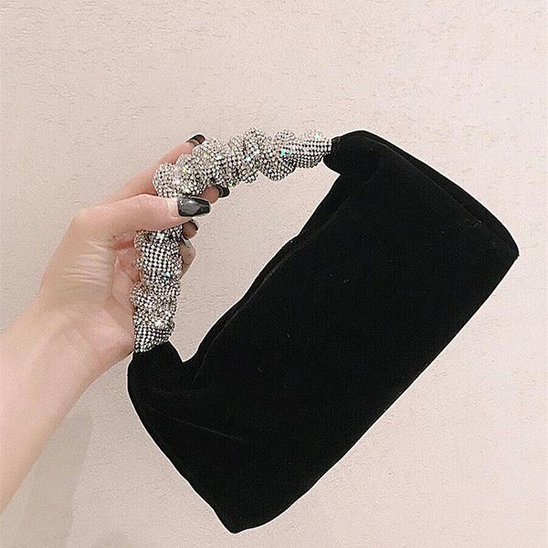 

rhinestones fold handle velvet handbag women 2021 new luxury soft square clutch bags female chic designer purses c0508