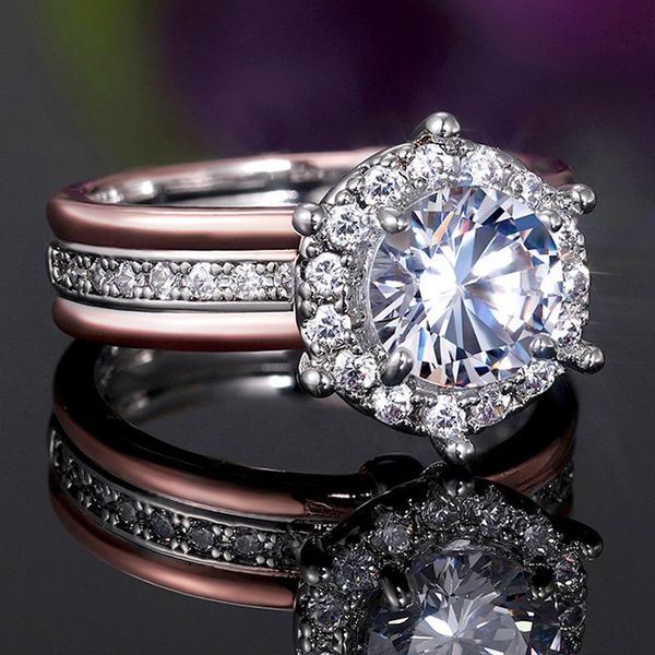 

wedding rings creative two tone shine cubic zircon women's delicate bride engagement statement for women trendy jewelry gift, Slivery;golden