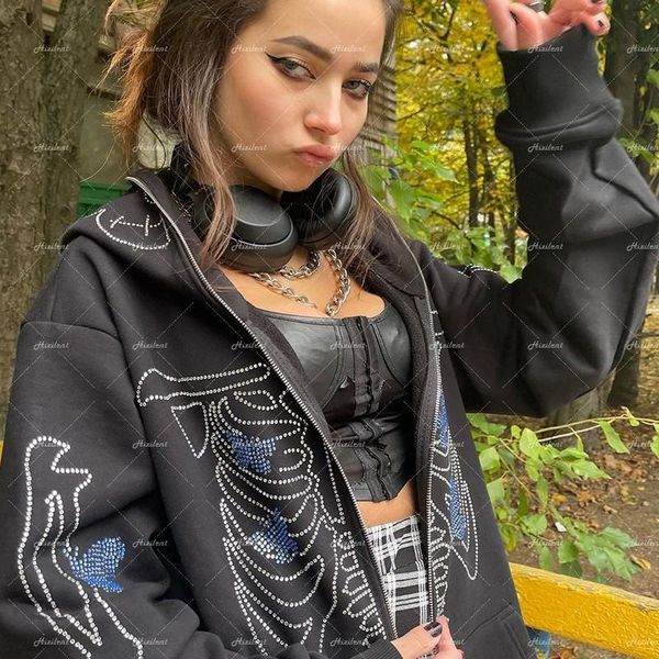 

women's jackets winter rhinestone zip up hoodie y2k grunge oversized sweatshirt gothic harajuku punk long sleeve outerwear goth, Black;brown