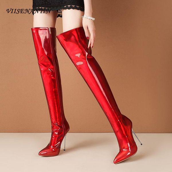 

boots pointed stiletto high heels laser fabric over-the-knee autumn style iron heel side zipper pole dance, Black