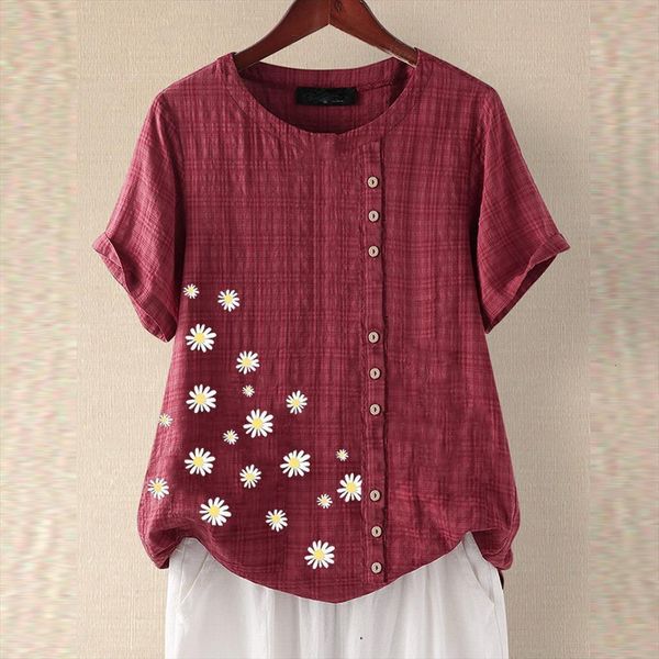 

5xl plus size summer women shirt fashion flower print button casual loose short sleeve clothes blusa, White