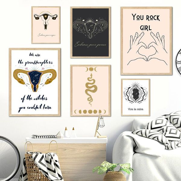 

paintings boho feminist pagan mantra wiccan wall art poster print abstract snake girl body organ canvas painting living room home decor