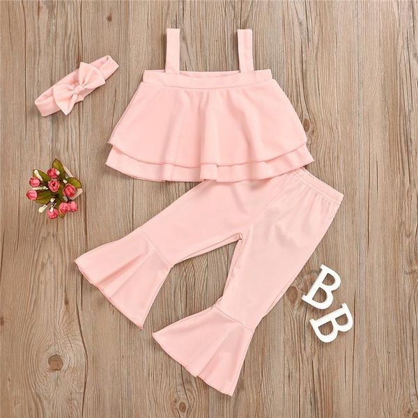 

pieces kids children casual fashion suit girls solid ruffle sling crop flared pants+hairband for summer girl 1-6 years clothing sets, White
