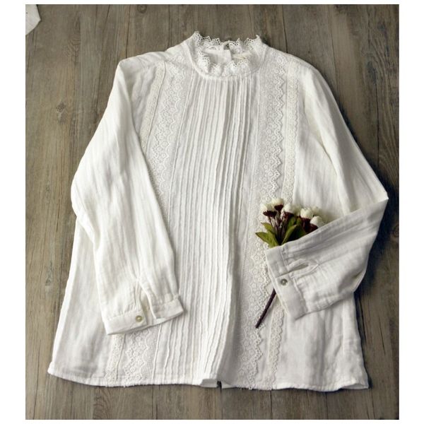 

women's blouses & shirts autumn fast drop ruffled collar lace pleated long sleeve cotton yarn shirt blouse vintage feminine omwa, White