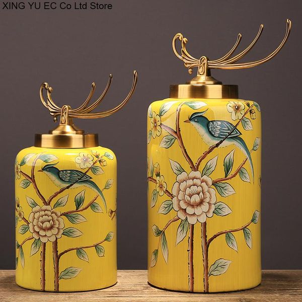 

decorative objects & figurines chinese style yellow ceramic decoration storage jar with lid crafts living room deskhome