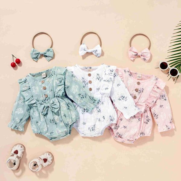 

rompers 2021 baby romper with hairband girls floral print o-neck long sleeve bodysuit+ headband 0-18 months, Blue