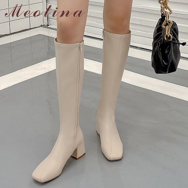 

meotina genuine leather high heel long boots women shoes square toe block heels zipper knee high boots autumn winter apricot 40 210520, Black