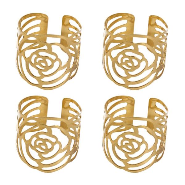 

4pcs golden napkin rings hollow out rose shape buckles iron holders elegant dinning table setting decoration for