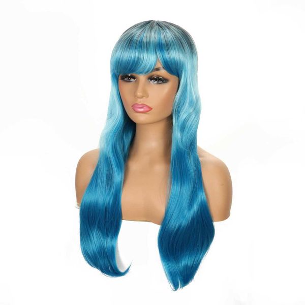 

long micro curl animation cosplay blue multicolor wig long straight hair, Black