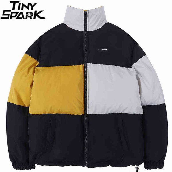 

2021 men hip hop parka jacket color block patchwork padded jacket coat winter streetwear harajuku cotton jacket outwear warm, Black