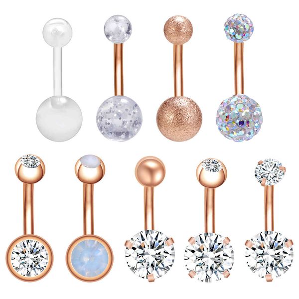 8/9 pcs / botão do lote Set Cristal Double Ball Piercing para mulheres Rose Ouro Aço Inoxidável Umbigo Barriga Anéis